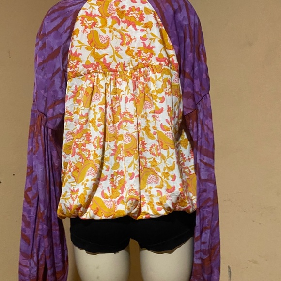 Free People Wrap Blouse in Orange and Yellow with Long Sleeves - Picture 7 of 14